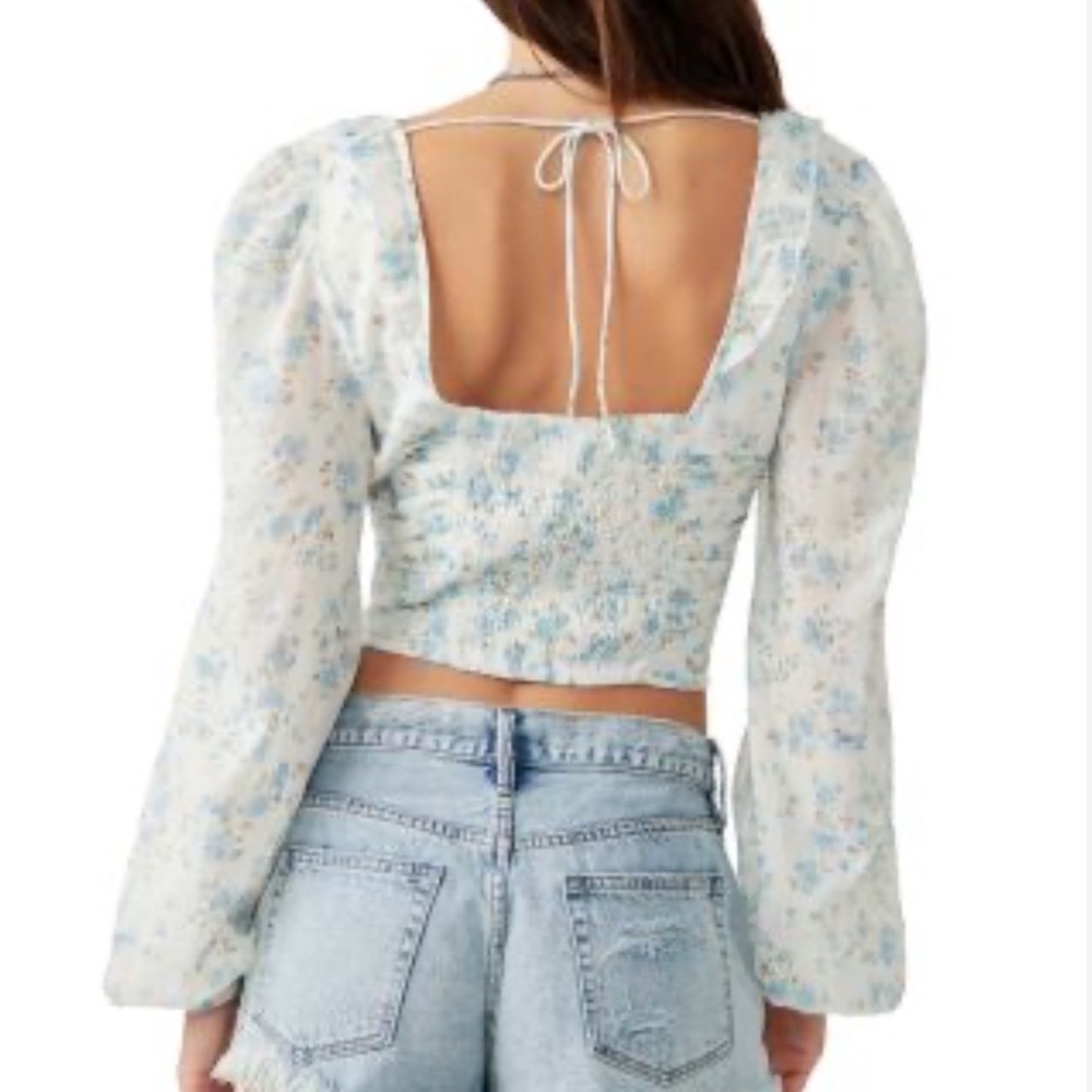 Free People Ivory Combo Floral Puff Sleeve Crop Blouse NWT Large Cottagecore - Picture 8 of 8